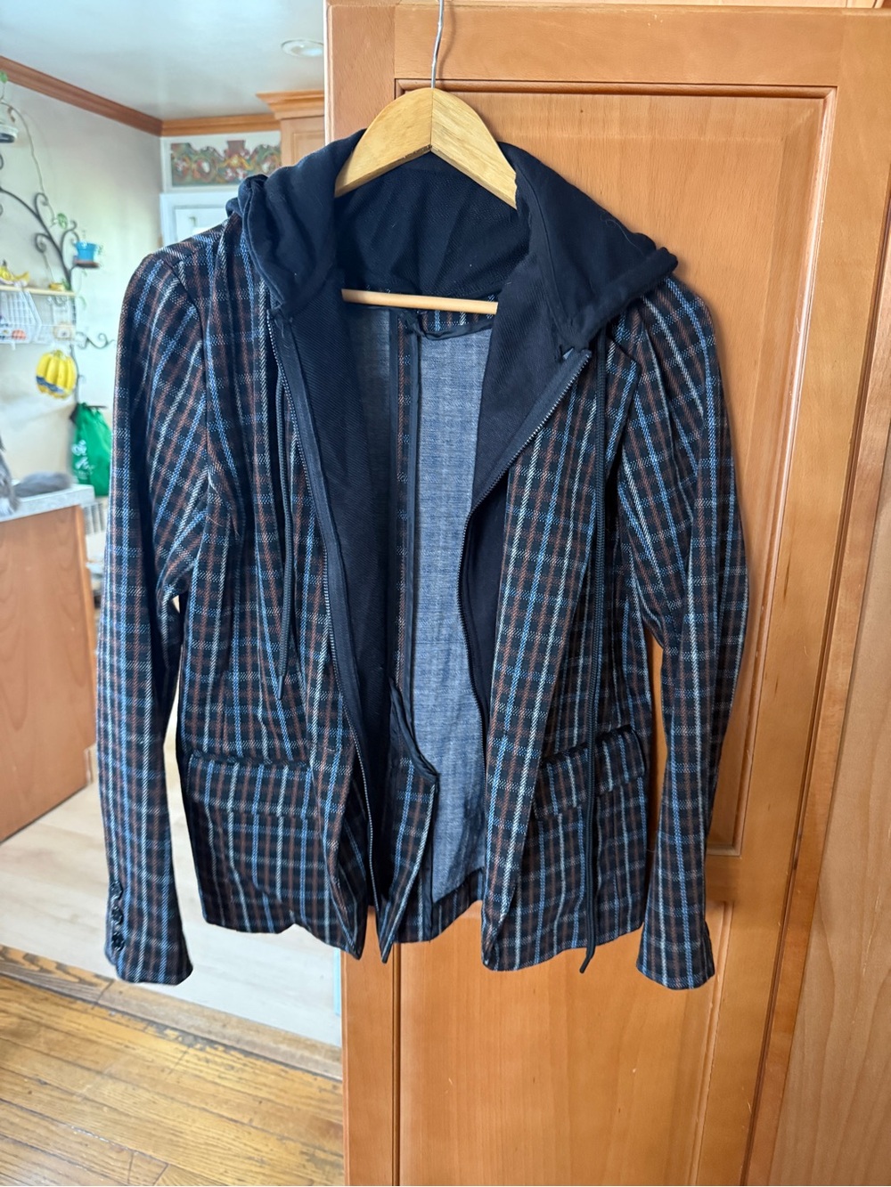 Plaid Hooded Blazer Jacket in Navy, Brown, and Teal